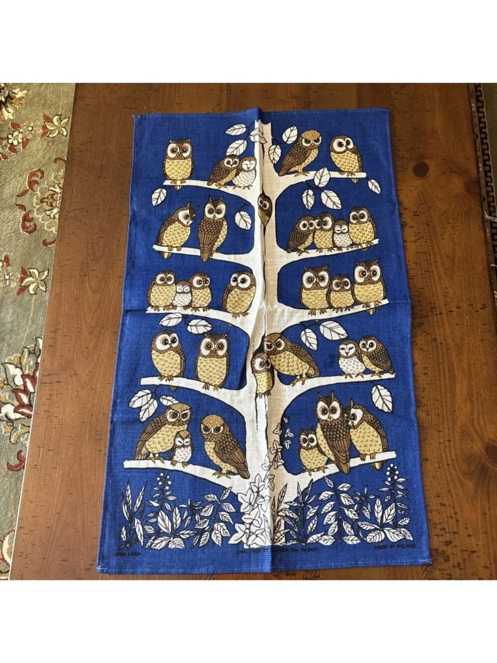 Vintage Linen ULSTER OWL TREE Tea Towel Wall Art MOD 29 X 18 Irish Ireland
